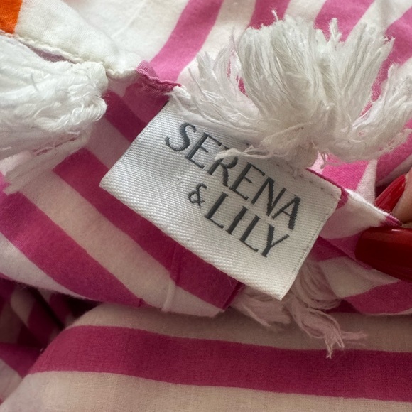 Serena & Lily Pink White Orange Stripe Cotton Pom Pom Twin Size Coverlet‎ - Picture 2 of 9